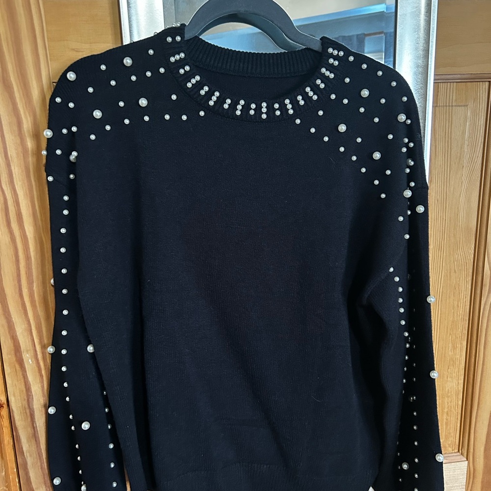 Elegant Pearl-Embellished Black Sweater